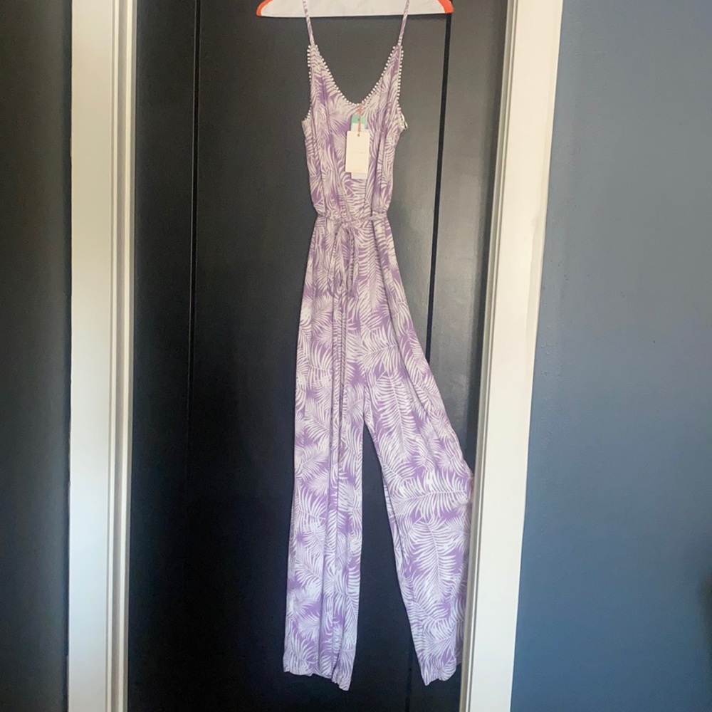 Purple and white palm leaves romper